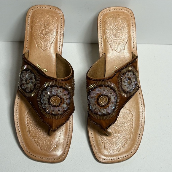 J. Jill Shoes - J. Jill Brown Beaded Leather Sole Bohemian Flip Flop Thong Sandals Size 8